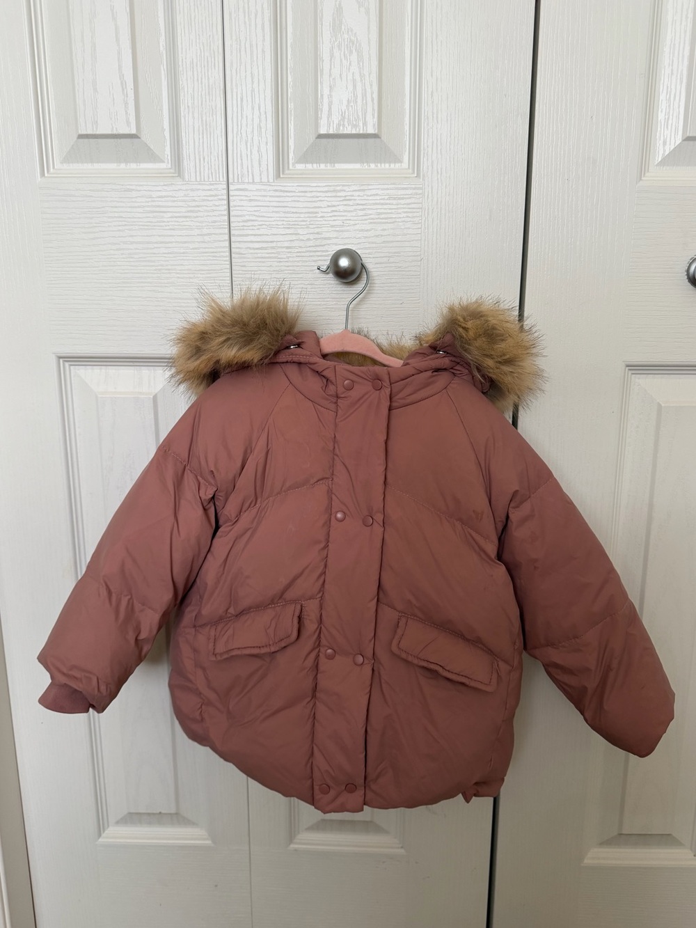Zara Dusty Pink Kids Puffer Coat with Faux Fur Hood